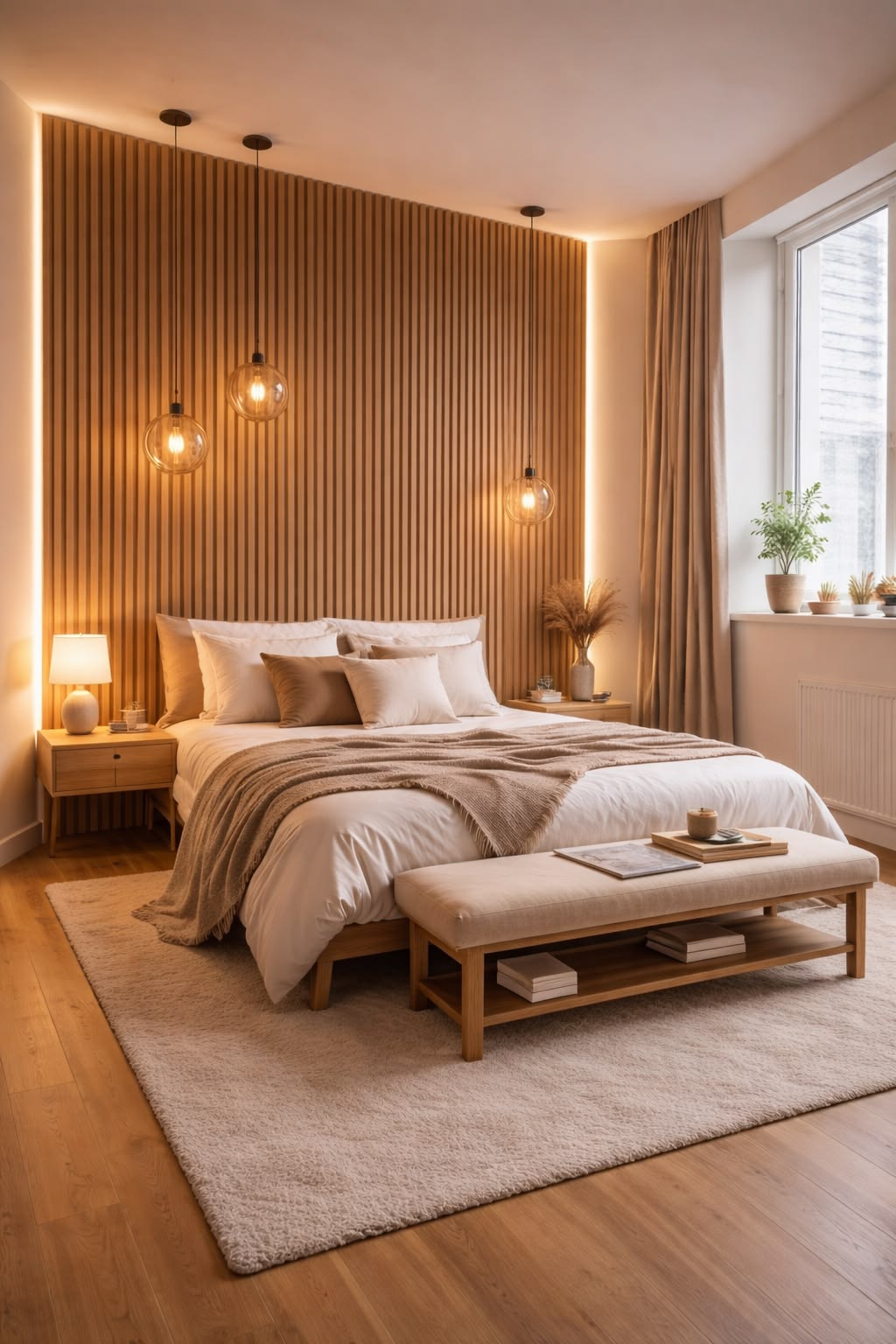 Panel WPC listonado para pared de dormitorio moderno con lámparas colgantes