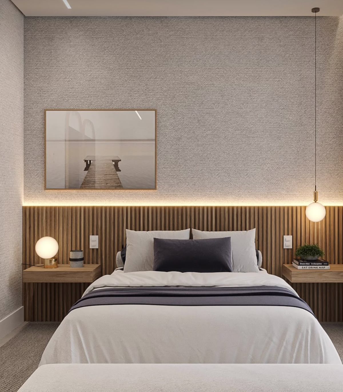 Panel WPC para cabecero de cama con tira LED en dormitorio moderno