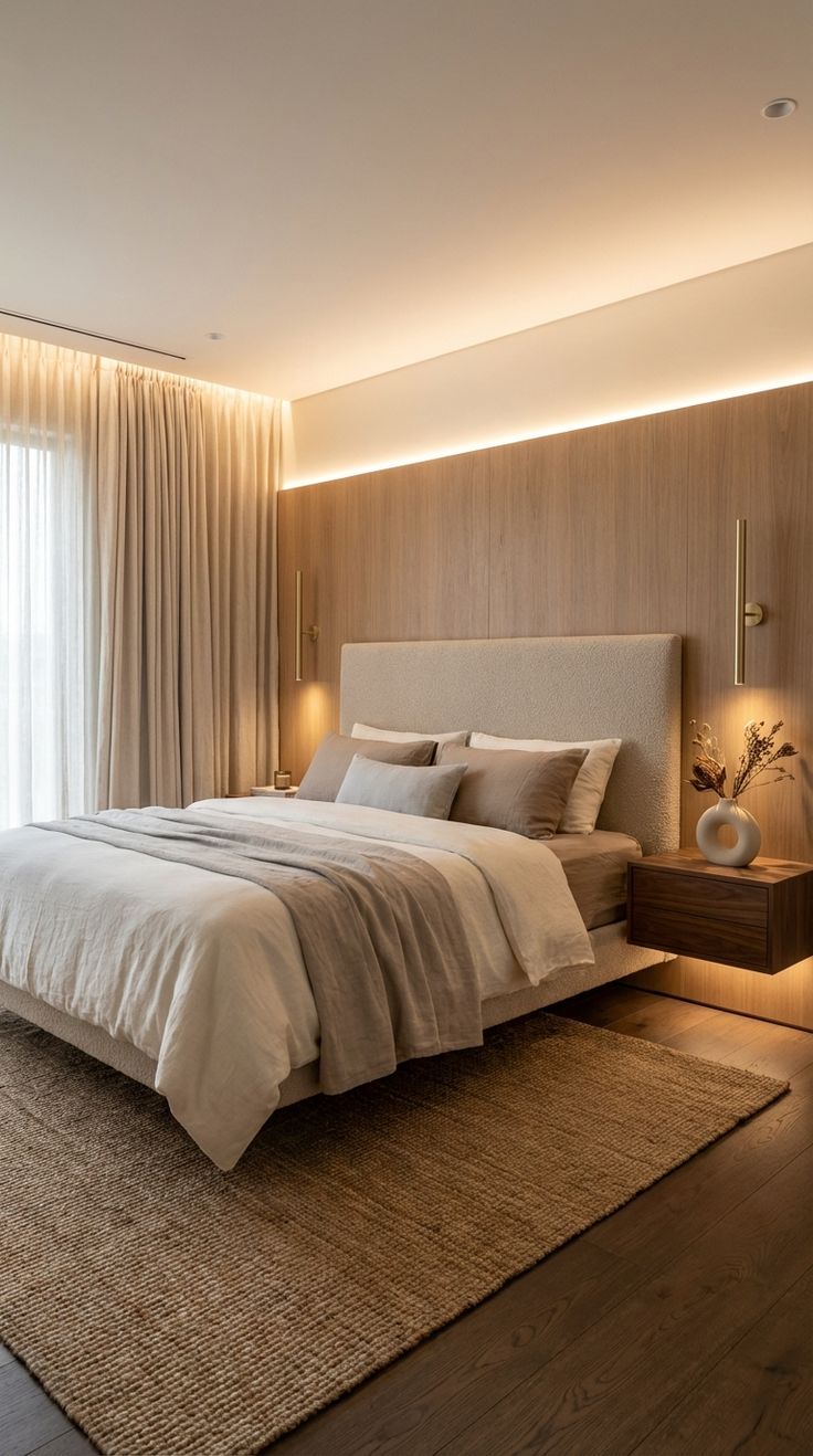Pared de cabecero tipo madera con luz indirecta en dormitorio moderno