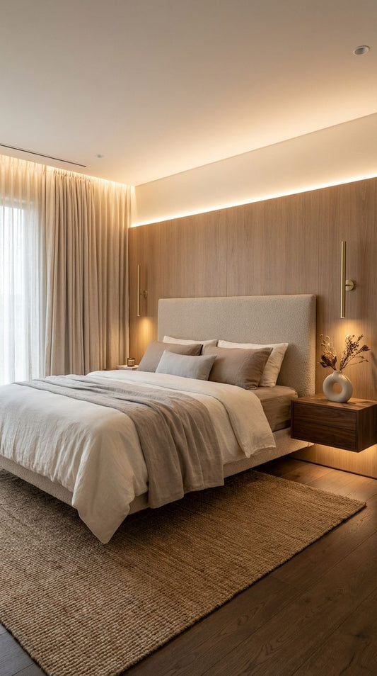 Pared de cabecero tipo madera con luz indirecta en dormitorio moderno