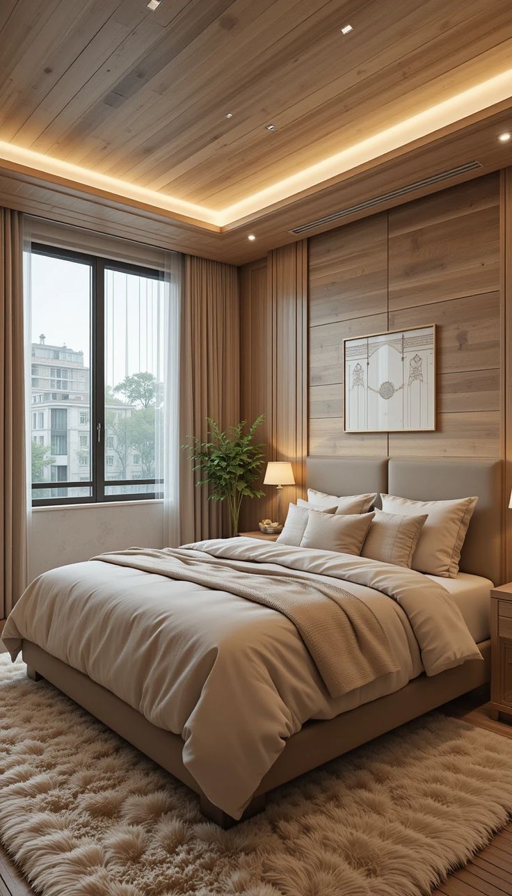 Revestimiento WPC acabado madera en pared y techo de dormitorio moderno