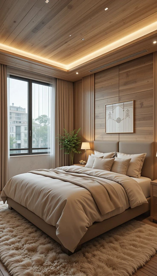 Revestimiento WPC acabado madera en pared y techo de dormitorio moderno