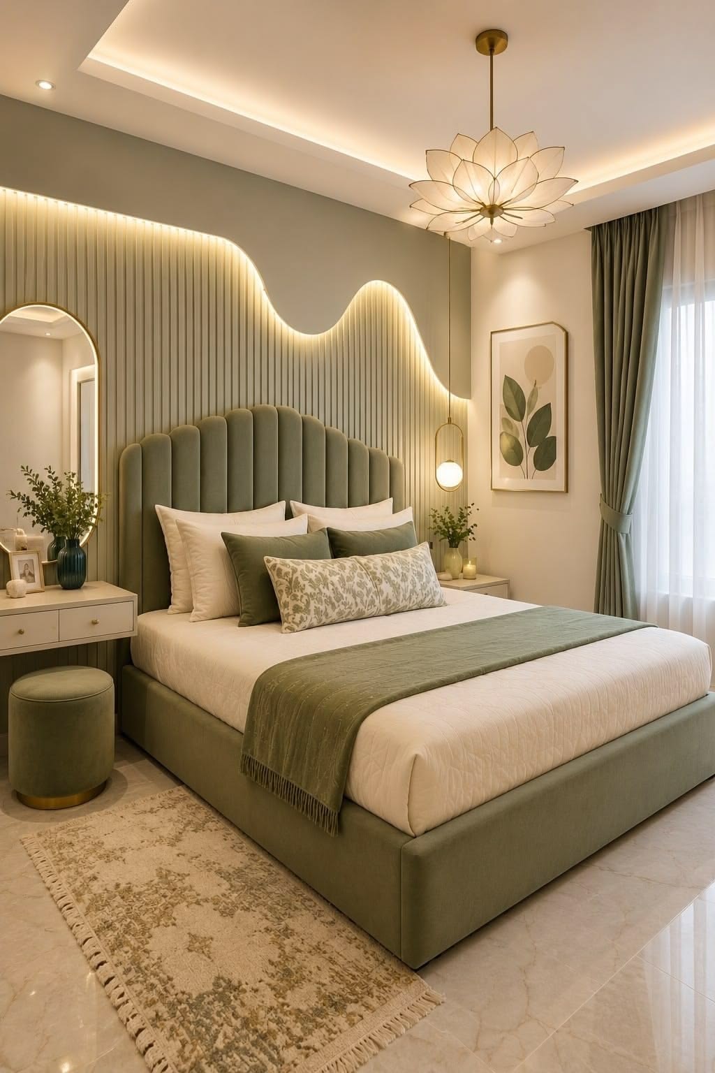 Panel decorativo listonado ondulado con iluminación LED detrás de cama en dormitorio moderno