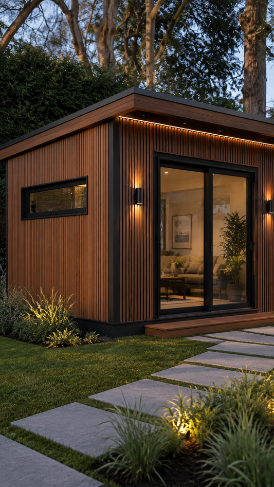 Estudio de jardín moderno revestido con listones WPC color madera, puerta corrediza negra e iluminación LED cálida