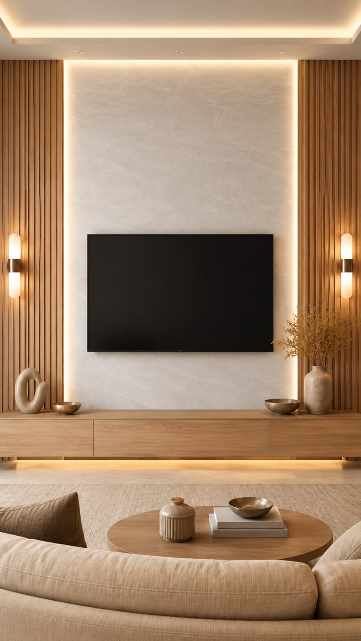 Paneles acanalados de WPC para sala con pared de TV e iluminación LED