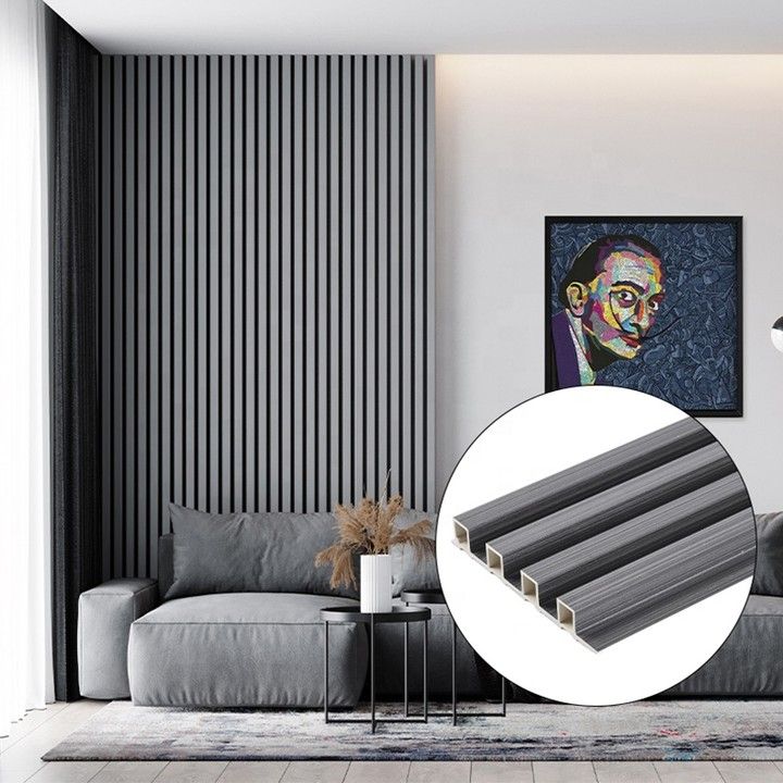 Wall Panel WPC listonado en pared de sala con muestra de perfil