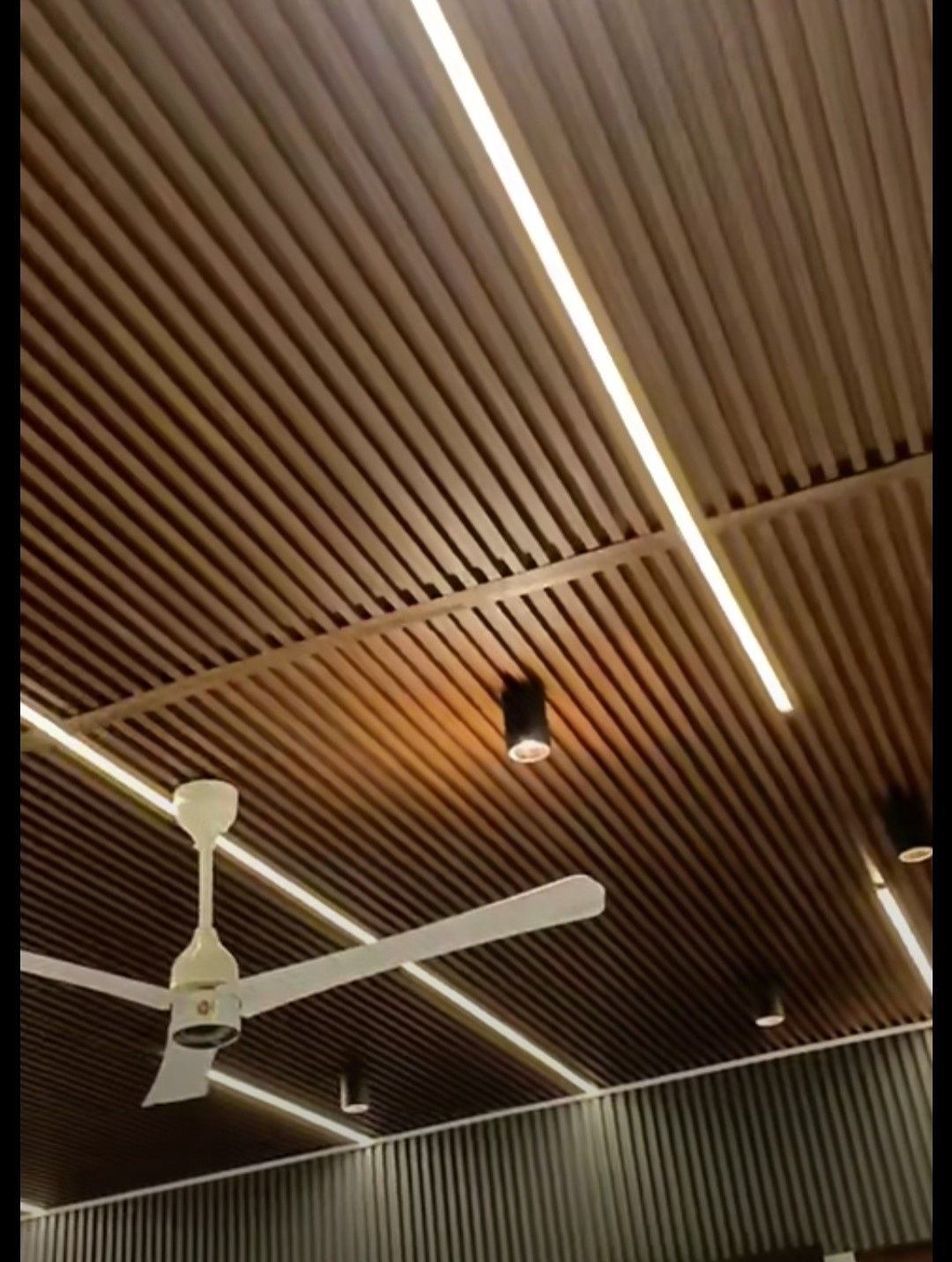 Cielo falso WPC listonado con líneas LED y ventilador en Cartago
