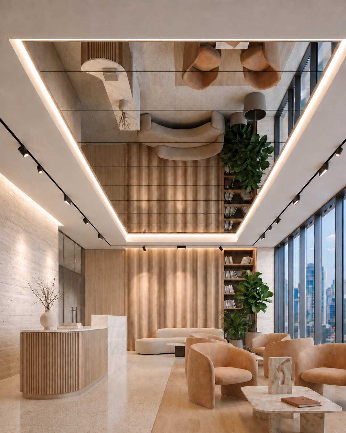 Cielo falso con lámina espejo Intefoam en diseño interior moderno