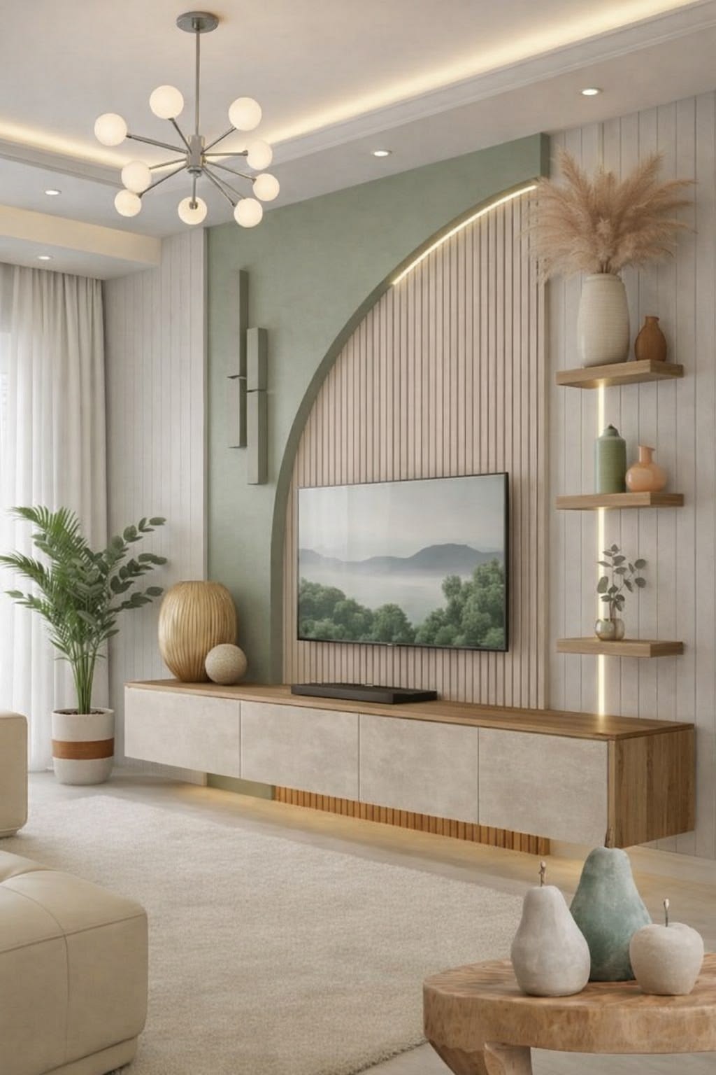 Panel decorativo para TV con listones verticales, arco curvo, repisas flotantes e iluminación LED