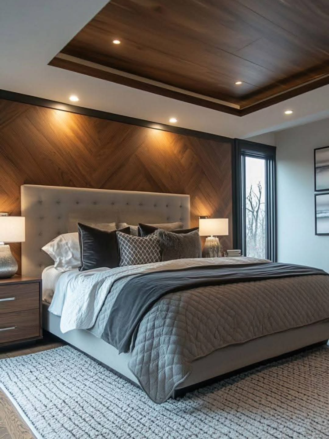 Cielo falso tipo madera en dormitorio moderno con iluminación empotrada