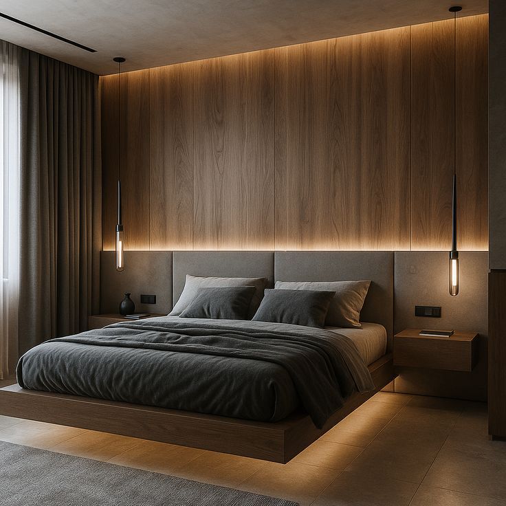 Revestimiento WPC imitación madera en pared de dormitorio con iluminación LED