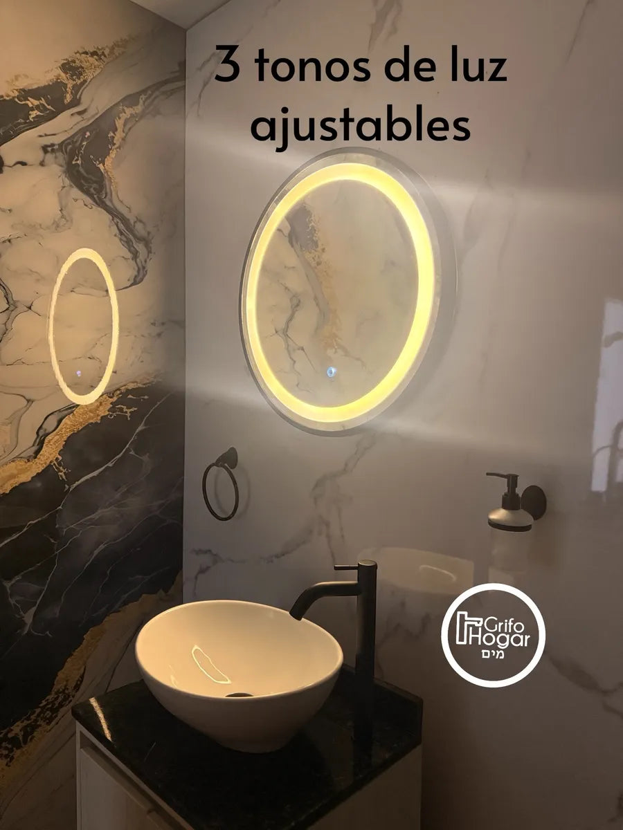 Espejo Redondo Luz Led Marco Negro 60cm