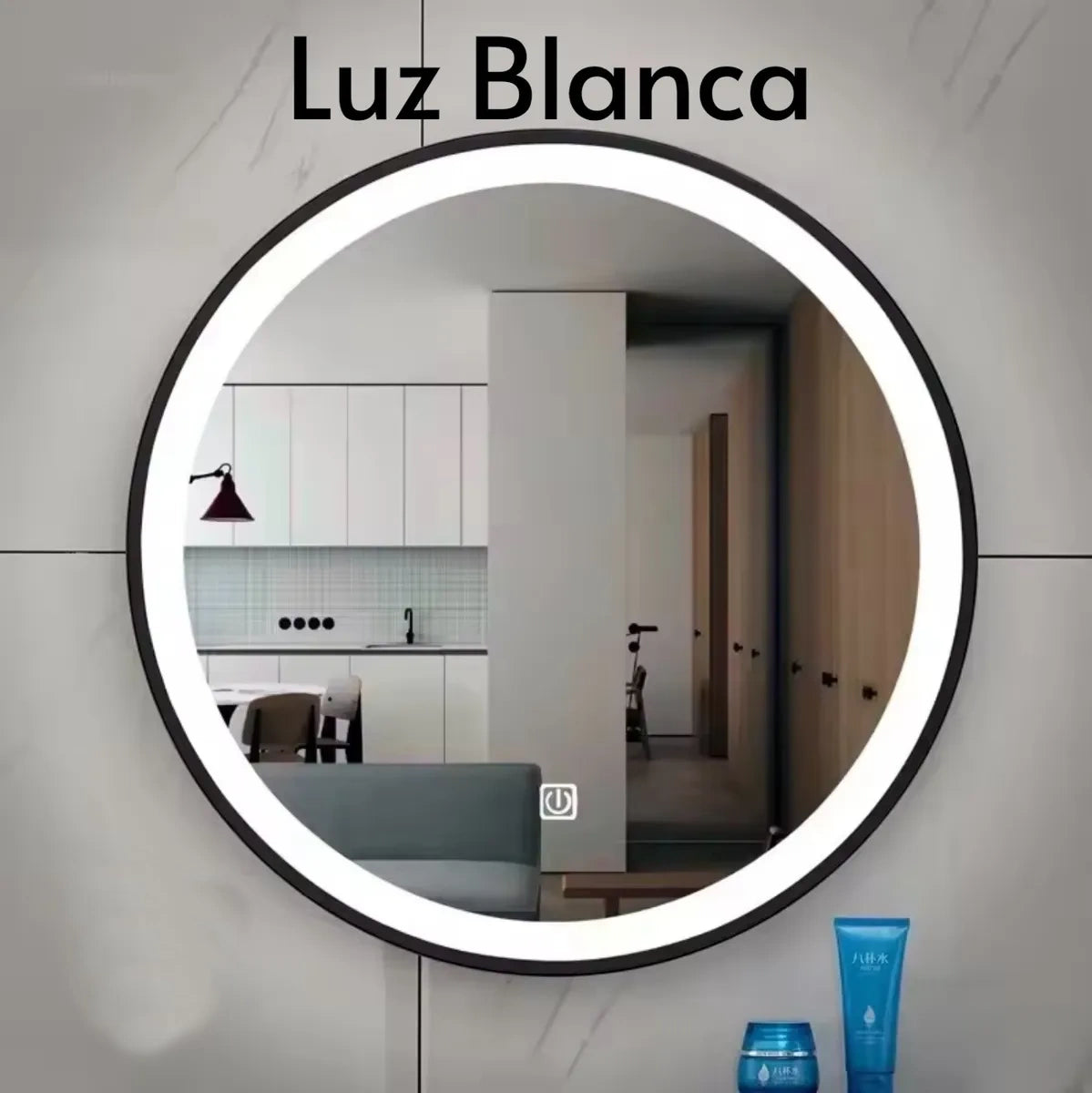 Espejo Redondo Luz Led Marco Negro 60cm