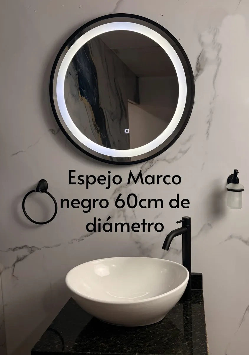 Espejo Redondo Luz Led Marco Negro 60cm