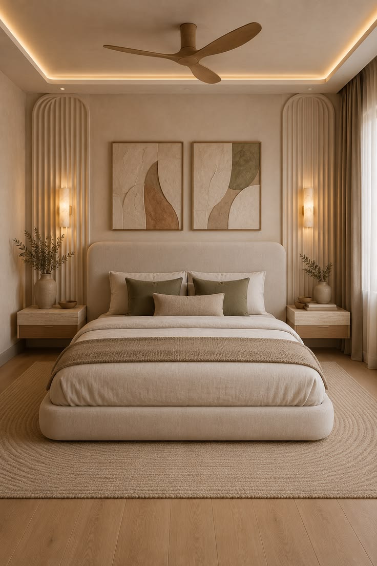 Panel cabecero para dormitorio con arcos laterales en tonos beige y diseño moderno